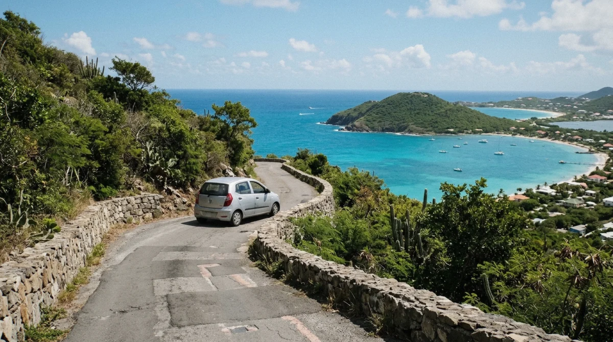 A hillside road winding along the coast on a Sint Maarten island tour, low guardrail and sea view below