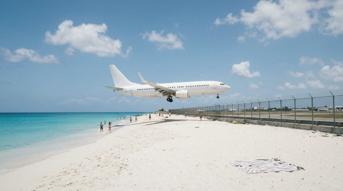 Aircraft approaching low over sunbathers during Maho Beach plane spotting in St Maarten