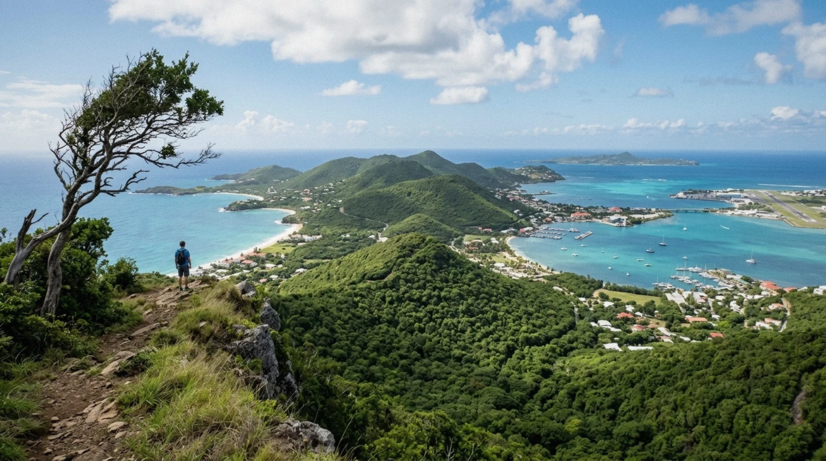 The view from the Pic Paradis ridge over both coastlines, a stop on a private Sint Maarten island tour